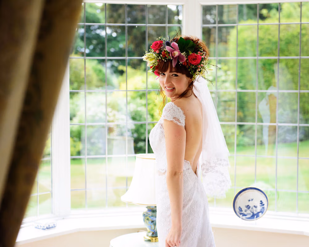Chloe and John's Huddersfield Church and Tipi wedding - a morning bride portrait at home