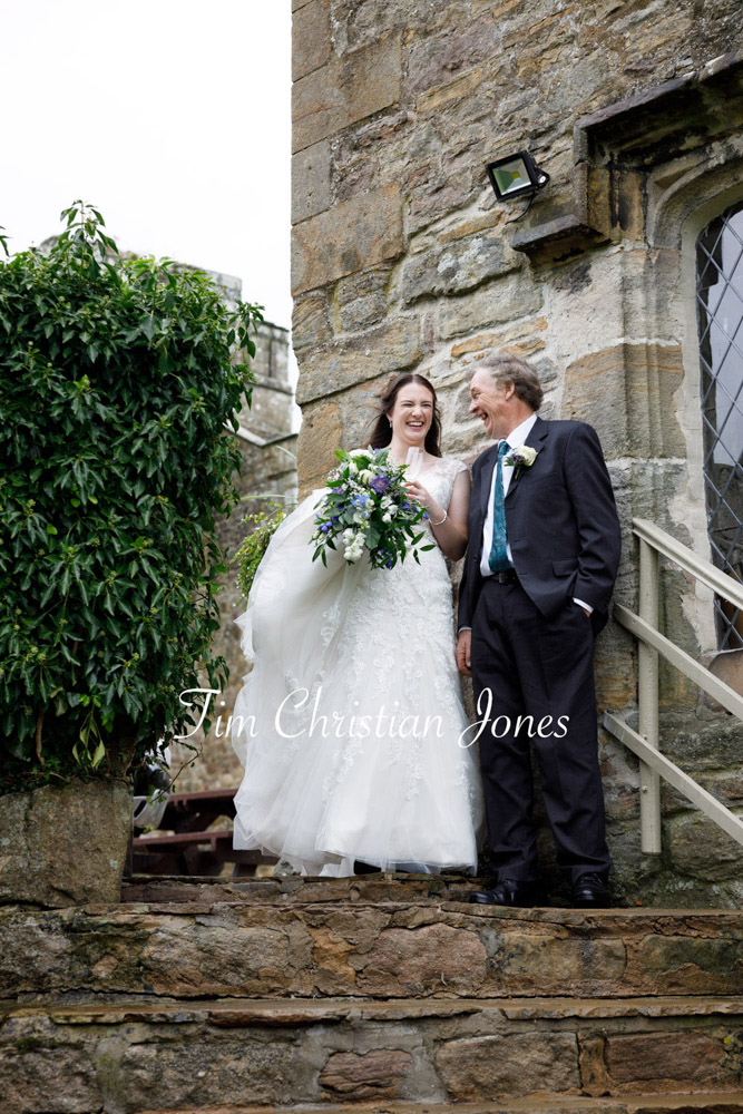 Yorkshire Wedding Romance at The Priest’s House – Jane & Callum 34 034 bride and father standing on stone steps jc