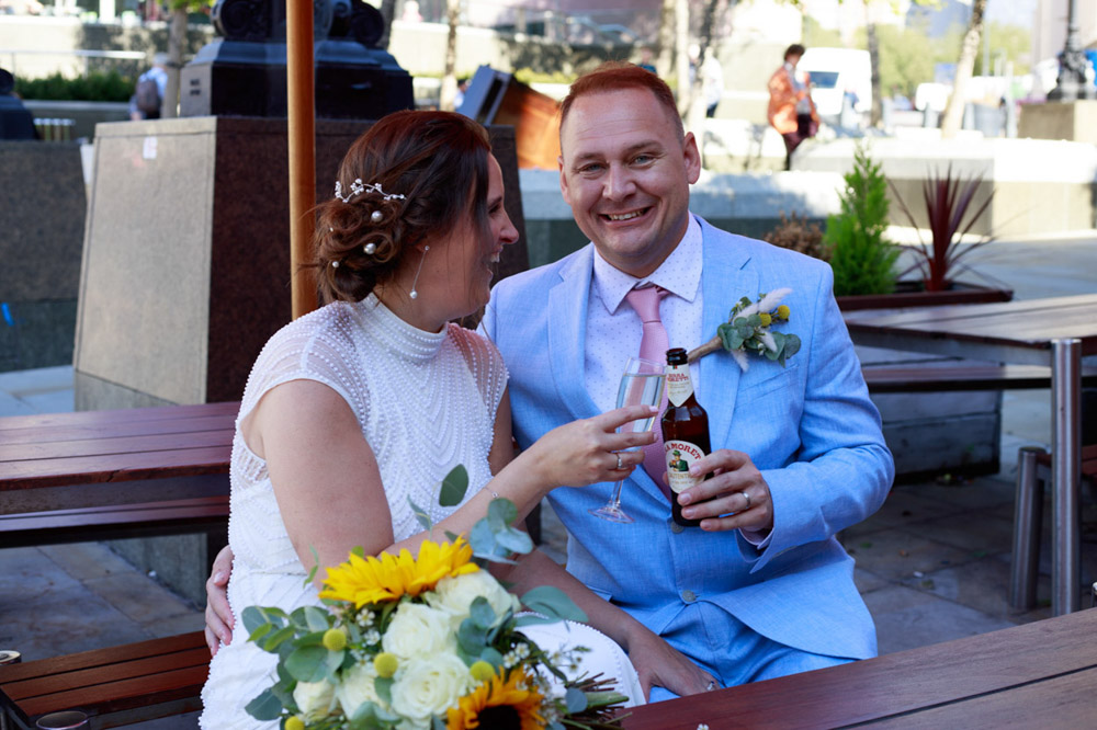Wedding couple share a quiet drink before joining guests at Lost & Found Leeds Club