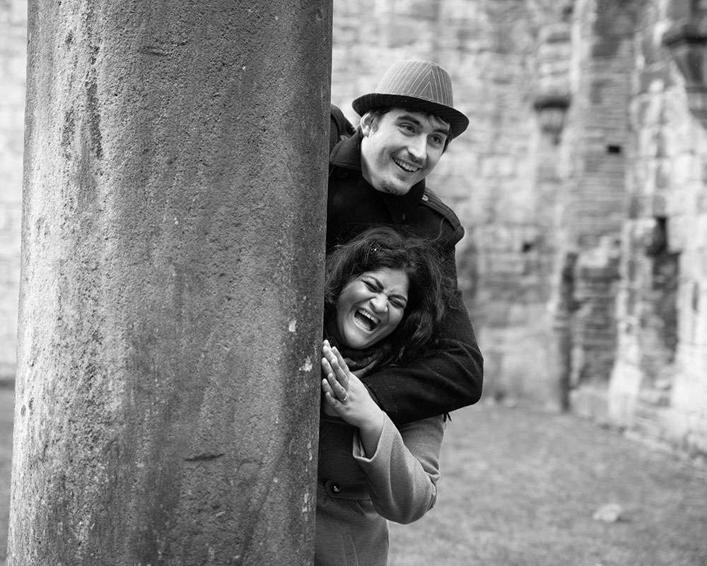 Personality-Filled Engagement Photography – Leeds & Yorkshire 11 22 leeds engagement kirkstall abbey zoe andrew black and white